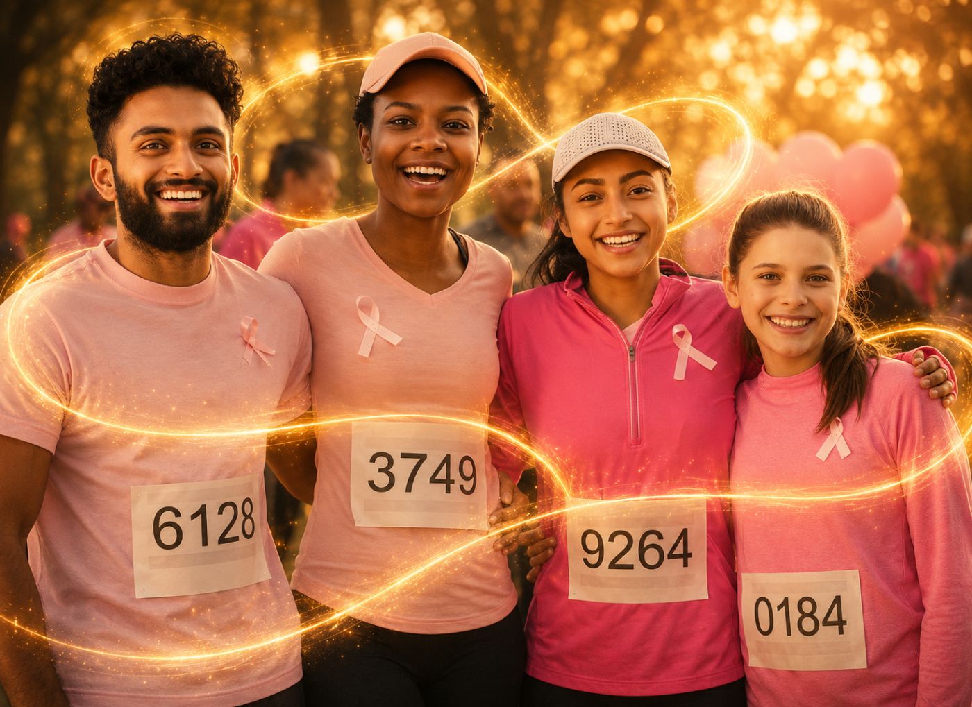 Four smiling participants in pink with race numbers at a golden-hour charity walk