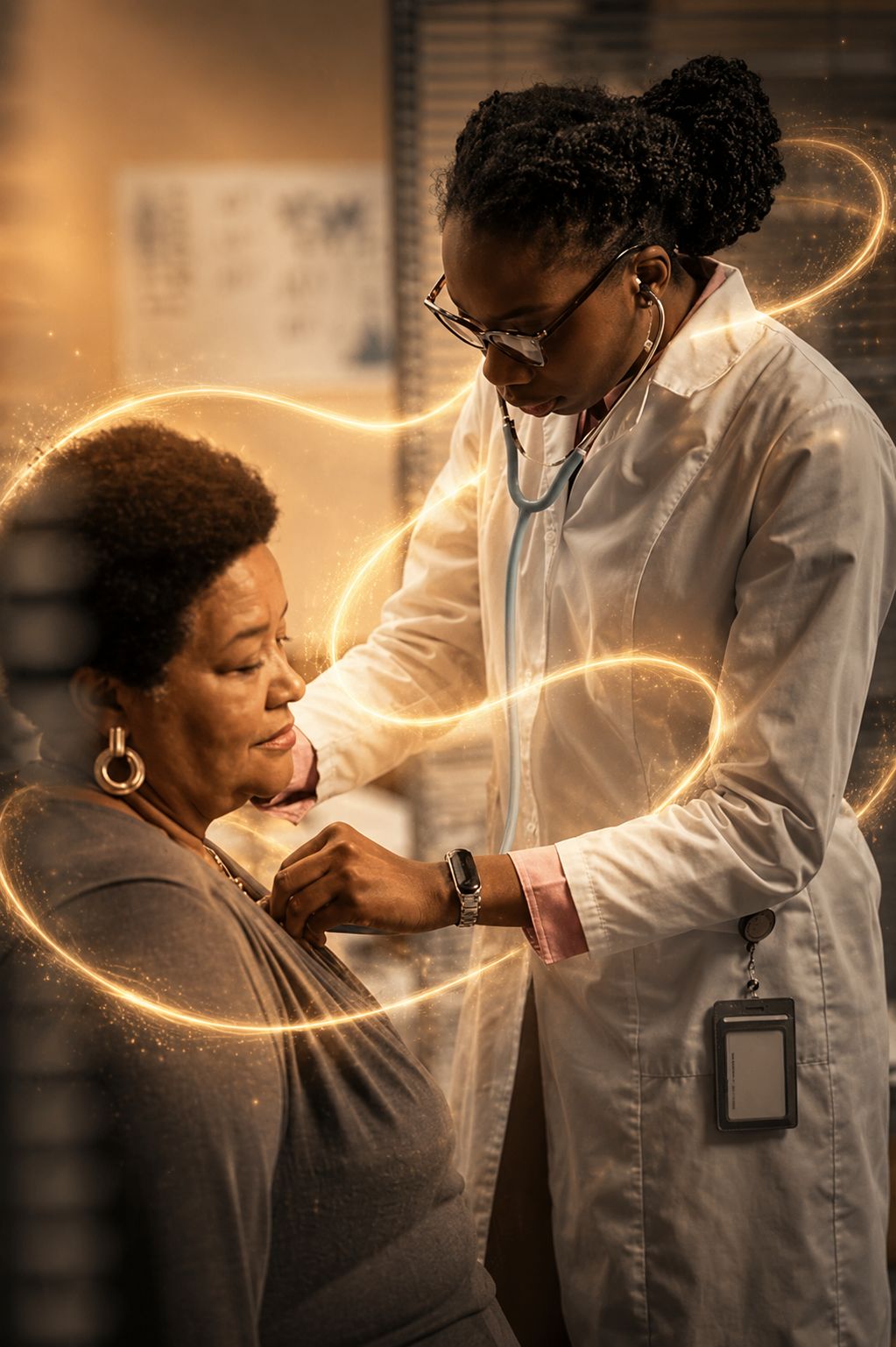 A doctor listens to an older woman’s heart with a stethoscope, golden light circling them